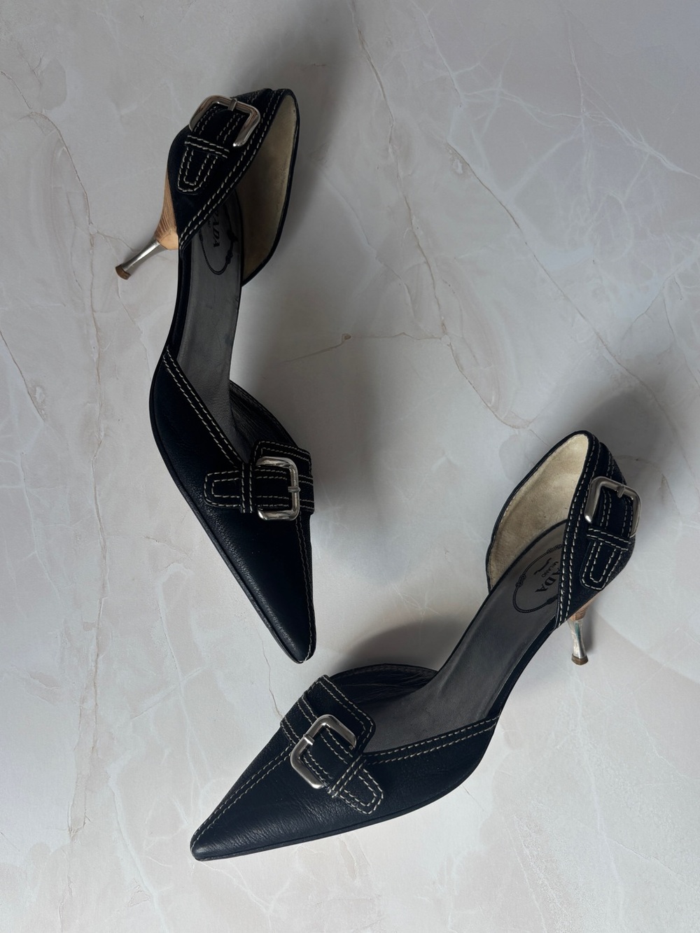 vintage Y2K Prada black leather silver buckle pointed toe kitten heel - Picture 4 of 7